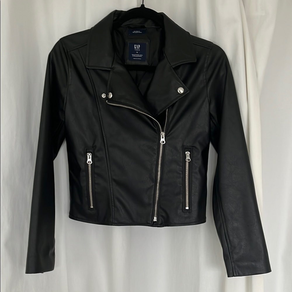 GAP Teen Black Began Leather Moto Jacket with Asymmetrical Zipper